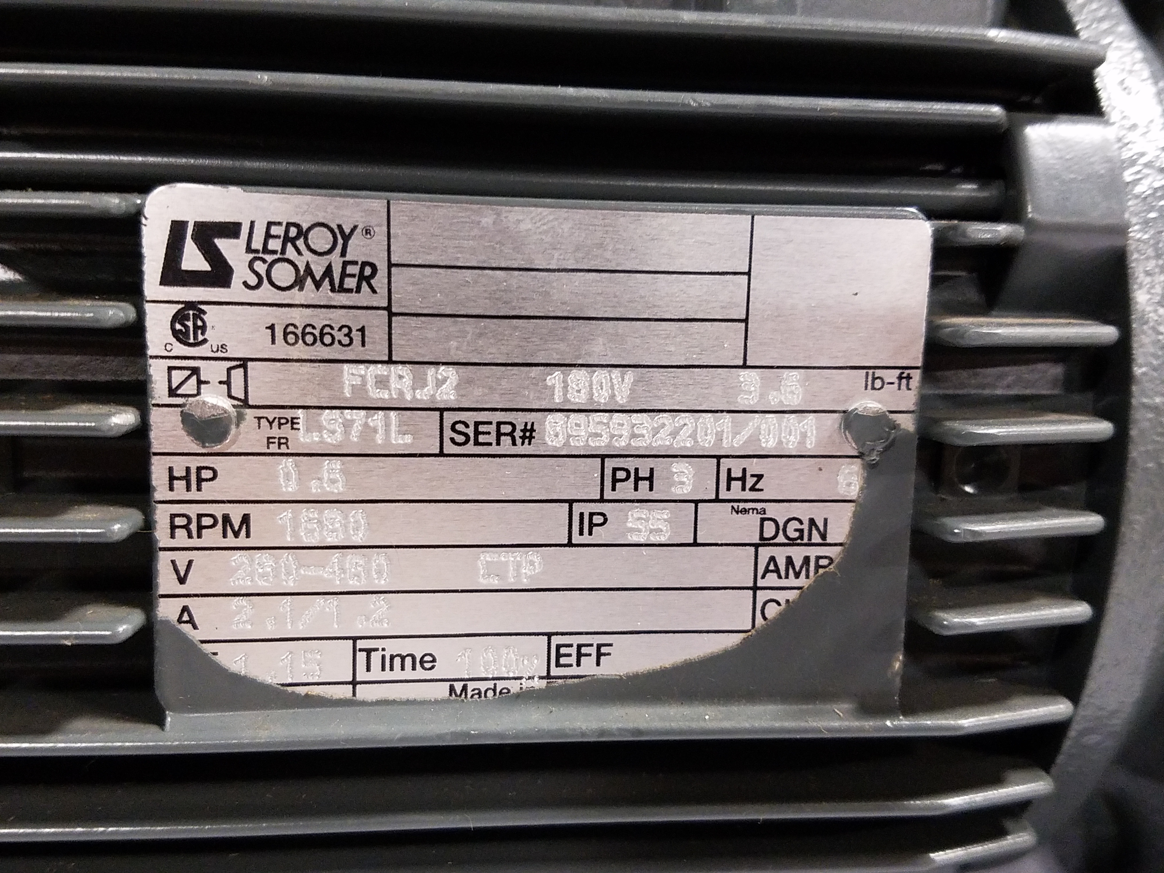 Leroy Somer LS71L/T 3Ph AC Induction Motor 1/2HP 1680RPM 60Hz 895932201 ...